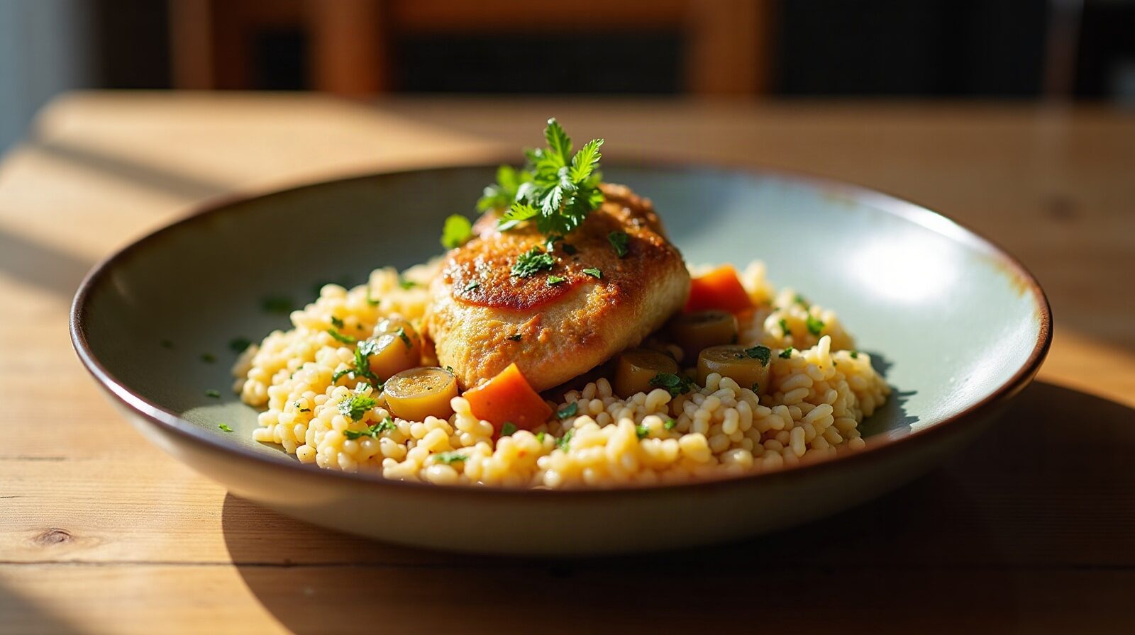 Une assiette de colombo de poulet en sauce avec du riz blanc et des légumes pays, posée sur une table en bois.