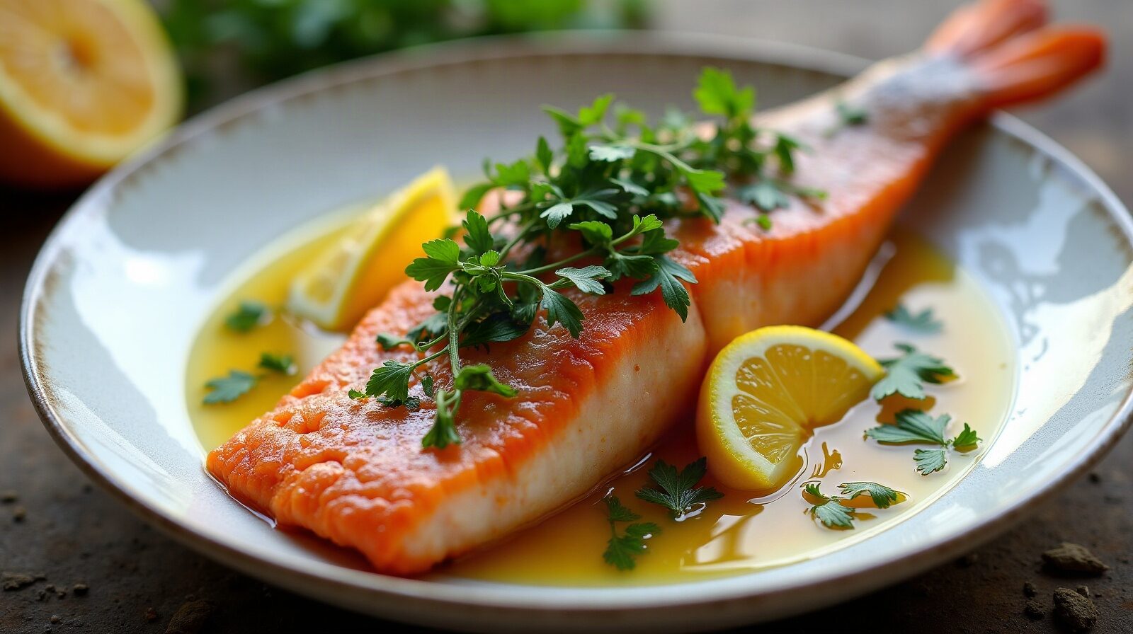 Un poisson entier nage dans un court-bouillon clair orangé, avec des rondelles de citron vert et des herbes.