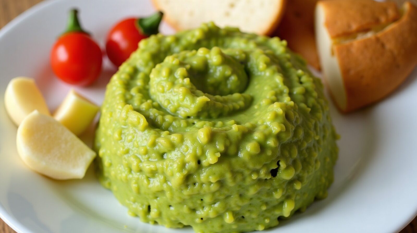 Un bol de féroce d'avocat à la morue émiettée, accompagné de tranches de pain et d'un petit piment.