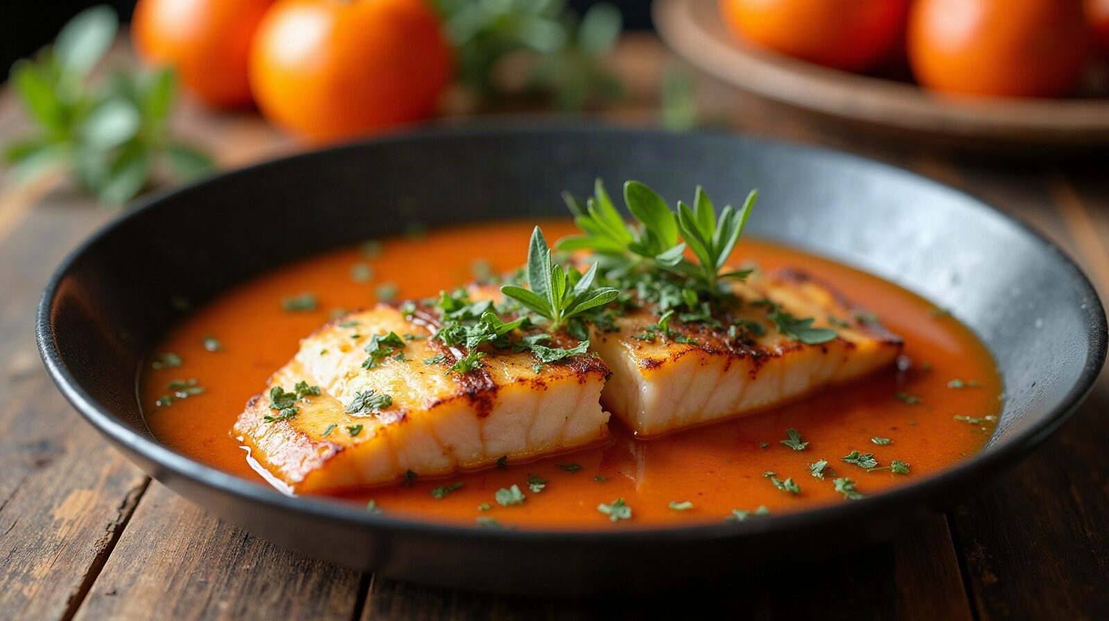 Court-bouillon de poisson a la sauce orangee dans une sauteuse