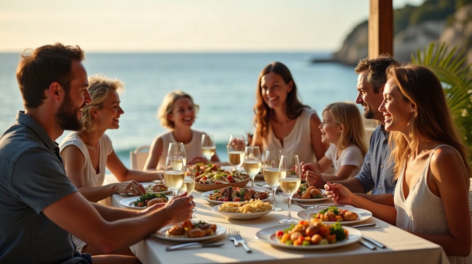 Table familiale sous un carbet, plats créoles partagés au centre