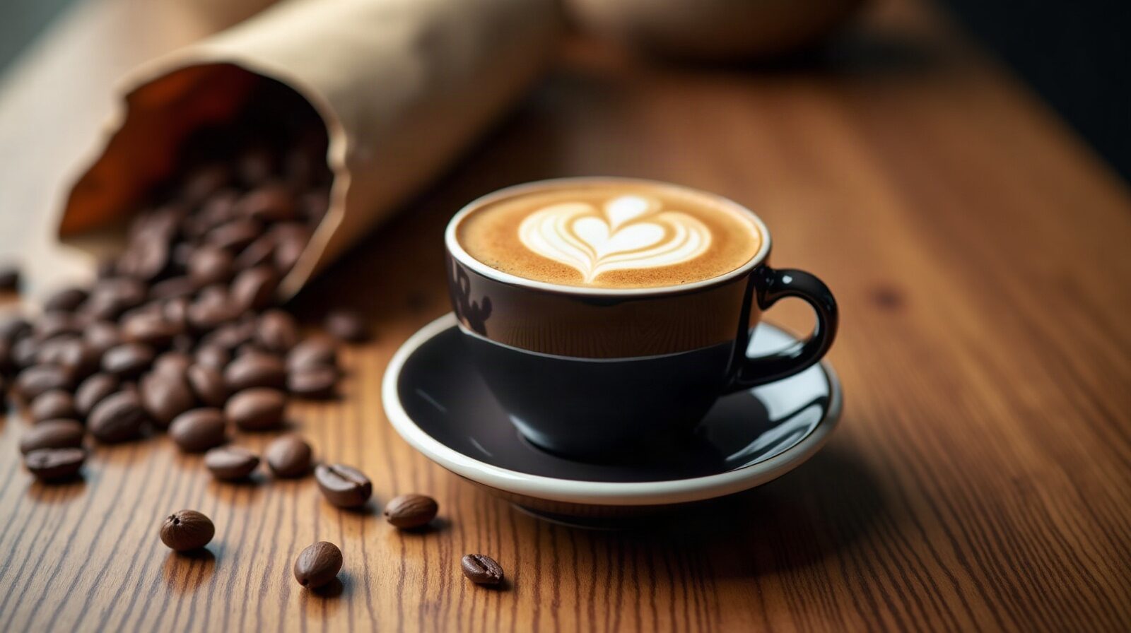 Tasse de café, grains torréfiés et cabosse de cacao sur une table