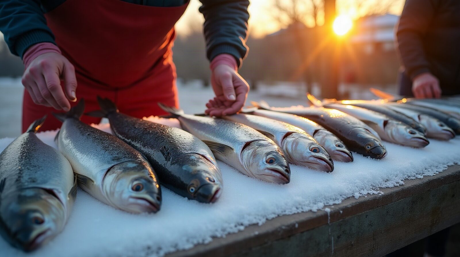 Étal de poissons frais sur glace, tenu par un vendeur en tablier
