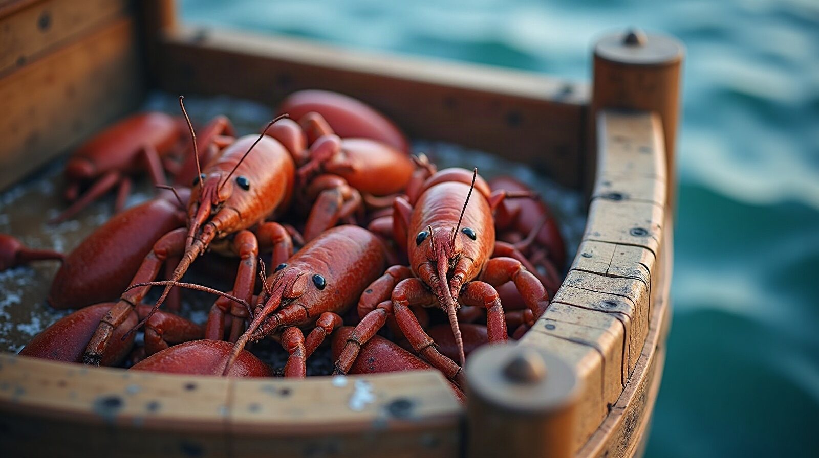 Langoustes dans un casier sur le pont d'une barque