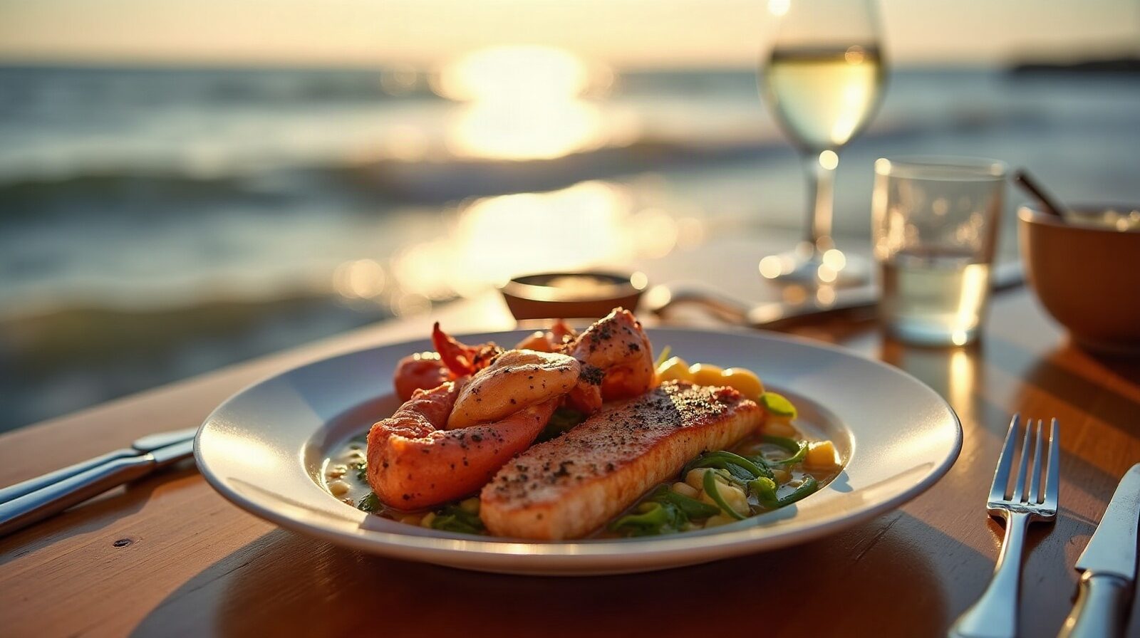 Assiette de poisson grillé et de crustacés face à la mer