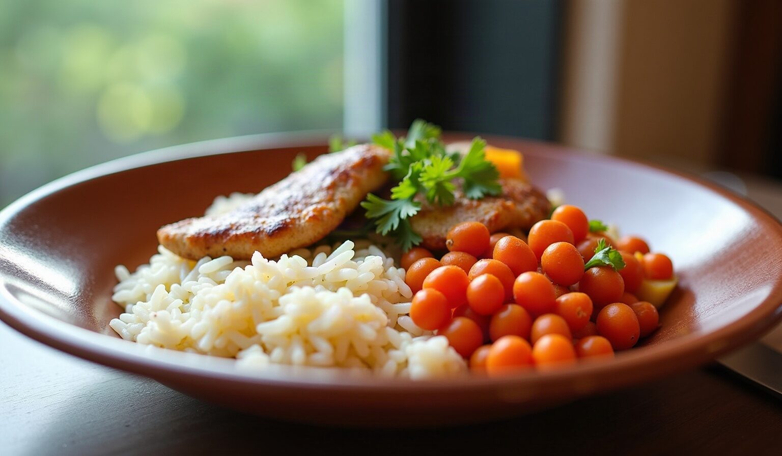 Plat du jour créole en assiette creuse : poulet mijoté, riz, haricots rouges et légumes